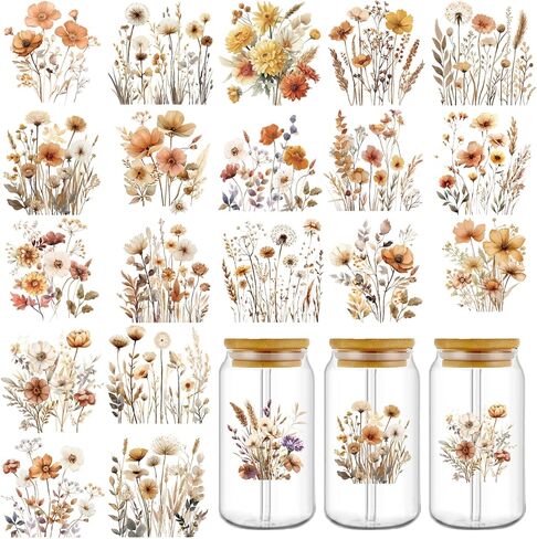 UV DTF Cup Wraps Transfer Stickers: 30 Pcs Retro Fall UV DTF Cup Wraps for 16 oz Glass Tumblers Bottles, Cold Transfer Decals, Pumpkin Maple Sunflower Cup Wraps for Autumn Thanksgiving DIY Craft in Saudi Arabia