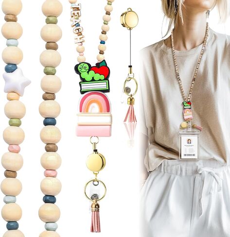 End of Year Teacher Gift Wood Beaded Lanyards for ID Badges with Retractable Reel for Women Teacher in Saudi Arabia