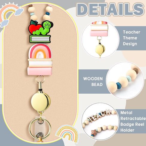 End of Year Teacher Gift Wood Beaded Lanyards for ID Badges with Retractable Reel for Women Teacher in Saudi Arabia
