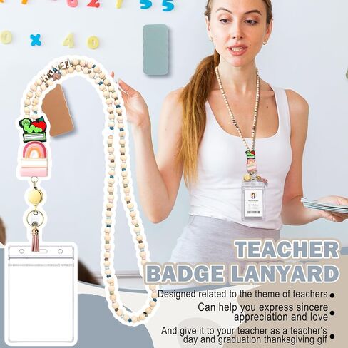 End of Year Teacher Gift Wood Beaded Lanyards for ID Badges with Retractable Reel for Women Teacher in Saudi Arabia