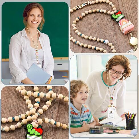 End of Year Teacher Gift Wood Beaded Lanyards for ID Badges with Retractable Reel for Women Teacher in Saudi Arabia