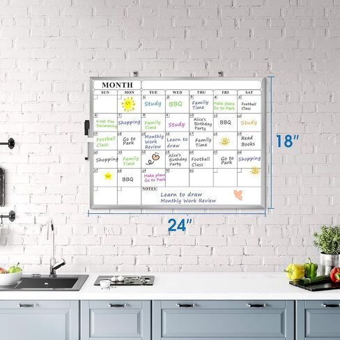 لوحة تقويم Maxgear جاف تمحو 24 "× 18" تقويم شهري شهري مزدوج الوجه مع إطار من الألومنيوم الفضي للجدار والفصول الدراسية واستخدام المكتب in Kuwait