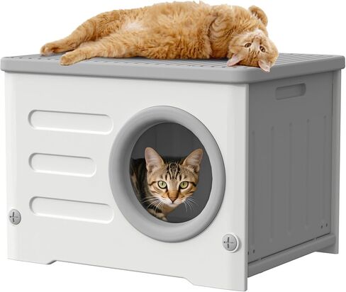 Weatherproof Stackable Cat House - Insulated & Waterproof Elevated Shelter for Indoor & Outdoor Cats Plastic Pet House Cat Wave with Bed Cushion(Grey Large) in Kuwait