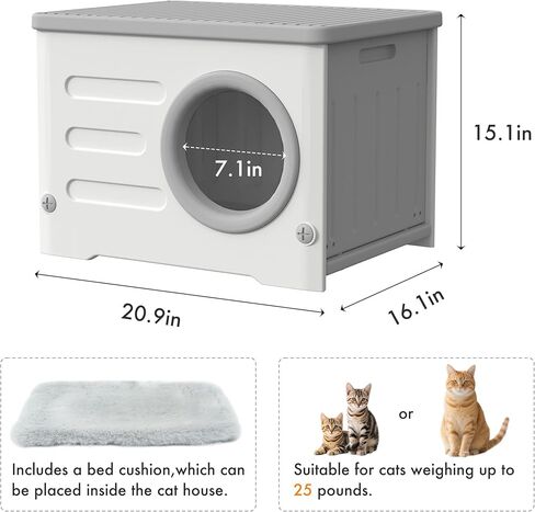 Weatherproof Stackable Cat House - Insulated & Waterproof Elevated Shelter for Indoor & Outdoor Cats Plastic Pet House Cat Wave with Bed Cushion(Grey Large) in Kuwait