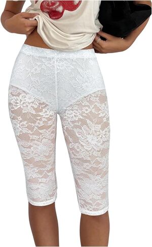 WDIRARA Women's Floral Lace Sheer Mesh Skinny Leggings Elastic High Waisted Sexy See Through Pants in Saudi Arabia