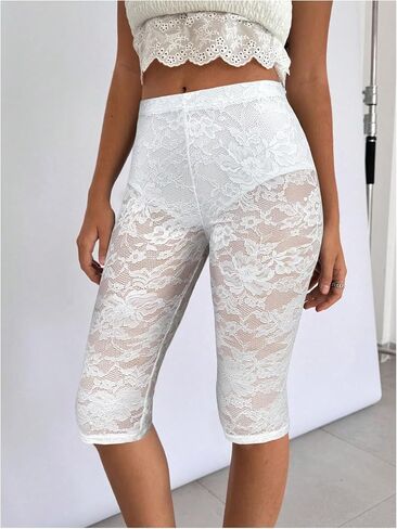 WDIRARA Women's Floral Lace Sheer Mesh Skinny Leggings Elastic High Waisted Sexy See Through Pants in Saudi Arabia