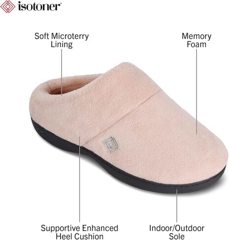 isotoner Women's Terry Hoodback Clog Soft Memory Foam, Comfort Arch Support, House Indoor / Outdoor Sole Slippers, Black, 8.5-9 in Saudi Arabia