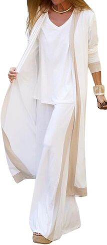Women's Casual 3 Piece Lounge Sets Splicing Tank Tops Long Sleeve Cardigan Wide Leg Pants Sweatsuit in Saudi Arabia