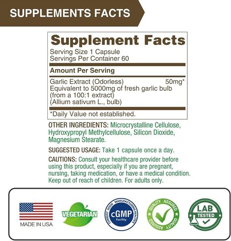 Lovita Odorless Garlic Extract, 50mg 100:1 Concentrate, High Potency, 1.25% Allicin, Gluten-Free, Supports Immune & Cardiovascular Health, 60 Vegan Capsules (Pack of 3) in Kuwait