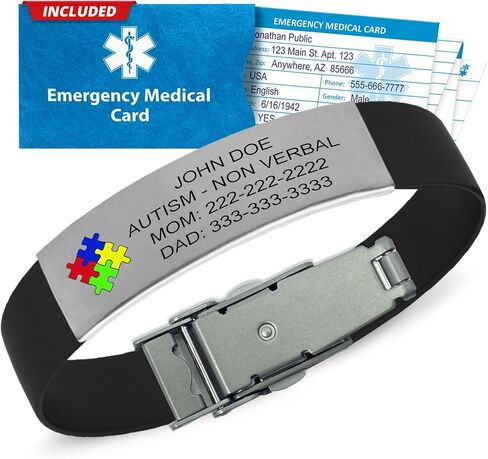 Personalized Autism Medical Alert Bracelet – Custom Engraved Silicone Wristband, Durable with Emergency Wallet Card & 12-Month Complimentary Personal Health Record Access - 5 3/4" to 8 3/8", Black in Kuwait
