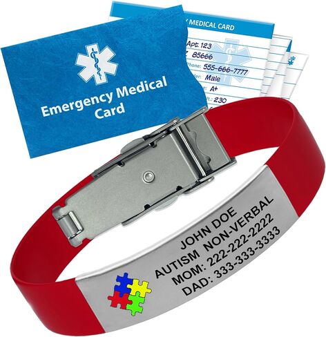 Personalized Autism Medical Alert Bracelet – Custom Engraved Silicone Wristband, Durable with Emergency Wallet Card & 12-Month Complimentary Personal Health Record Access - 5 3/4" to 8 3/8", Black in Kuwait