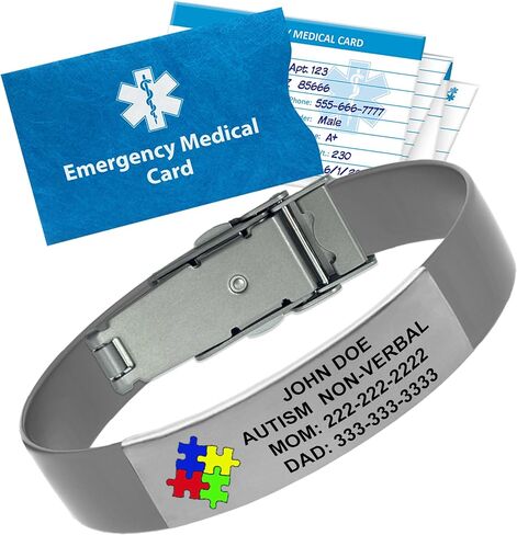 Personalized Autism Medical Alert Bracelet – Custom Engraved Silicone Wristband, Durable with Emergency Wallet Card & 12-Month Complimentary Personal Health Record Access - 5 3/4" to 8 3/8", Black in Kuwait