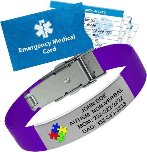 Personalized Autism Medical Alert Bracelet – Custom Engraved Silicone Wristband, Durable with Emergency Wallet Card & 12-Month Complimentary Personal Health Record Access - 5 3/4" to 8 3/8", Black in Kuwait