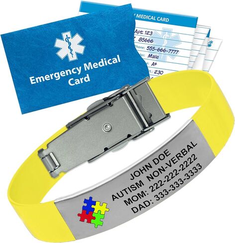Personalized Autism Medical Alert Bracelet – Custom Engraved Silicone Wristband, Durable with Emergency Wallet Card & 12-Month Complimentary Personal Health Record Access - 5 3/4" to 8 3/8", Black in Kuwait