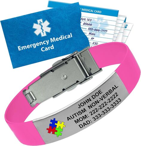 Personalized Autism Medical Alert Bracelet – Custom Engraved Silicone Wristband, Durable with Emergency Wallet Card & 12-Month Complimentary Personal Health Record Access - 5 3/4" to 8 3/8", Black in Kuwait