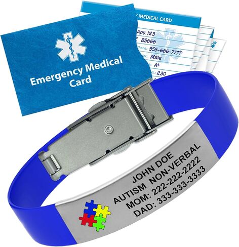 Personalized Autism Medical Alert Bracelet – Custom Engraved Silicone Wristband, Durable with Emergency Wallet Card & 12-Month Complimentary Personal Health Record Access - 5 3/4" to 8 3/8", Black in Kuwait