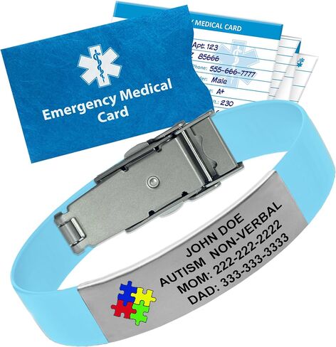 Personalized Autism Medical Alert Bracelet – Custom Engraved Silicone Wristband, Durable with Emergency Wallet Card & 12-Month Complimentary Personal Health Record Access - 5 3/4" to 8 3/8", Black in Kuwait