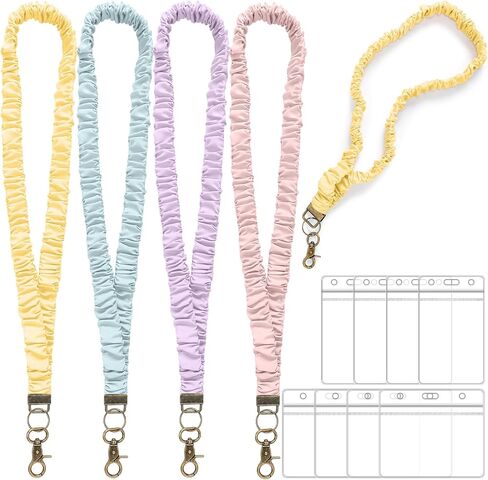 Satinior 4pcs Scrunchie Lanyards مع 8 حاملين لبطاقات لشارات الهوية ومفاتيح Scrunchie Beck Keychain لطيف معلم الحبل مع إغلاق مقطع Lanyards for Keys Neck in Kuwait