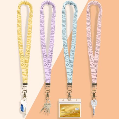 Satinior 4pcs Scrunchie Lanyards مع 8 حاملين لبطاقات لشارات الهوية ومفاتيح Scrunchie Beck Keychain لطيف معلم الحبل مع إغلاق مقطع Lanyards for Keys Neck in Kuwait