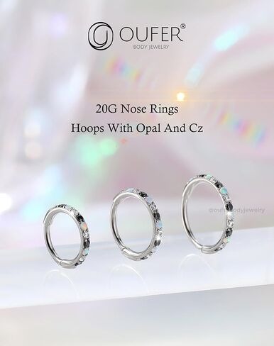 OUFER Opal and CZ 20G Nose Rings Hoops, 316L Surgical Steel Hinged Segment Nose Piercing Jewelry, Septum Lip Eyebrow Rings Cartilage Conch Rook Helix Tragus Daith Earrings For Women and Men-6/7/8MM in Kuwait