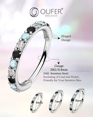 OUFER Opal and CZ 20G Nose Rings Hoops, 316L Surgical Steel Hinged Segment Nose Piercing Jewelry, Septum Lip Eyebrow Rings Cartilage Conch Rook Helix Tragus Daith Earrings For Women and Men-6/7/8MM in Kuwait