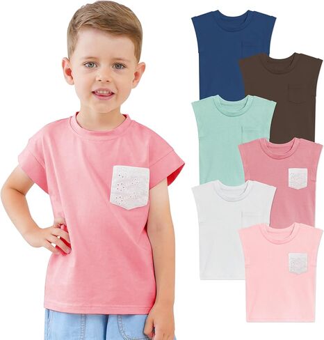 Jimonda Boys Tank Top Sleeveless Girls Workout Pocket T-Shirt Flying Sleeve Toddler Athletic Tees for Kids 2-7 Years in Saudi Arabia