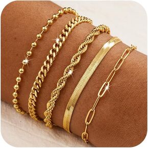 CAROVO Gold Bracelets for Women Waterproof Dainty 14K Gold Plated Stackable Cuban Beaded Link Snake Lip Paperclip Chain Bracelets Fashion Jewelry Gift for Women in Kuwait