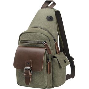 Canvas Sling Bag for Women Men, Crossbody Backpack Vintage Convertible, Rucksack Shoulder Bag W/Leather Accents for Outdoor Cycling Hiking Travel, Khaki in Kuwait