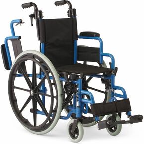 Medline Pediatric Wheelchair with 12" Wide Nylon Seat with Seat Belt, 250 lb. Weight Capacity, Telescoping Handles, Swing-Back Desk-Length Arms, Swing-Away Footrests & Vibrant Blue Frame in Saudi Arabia