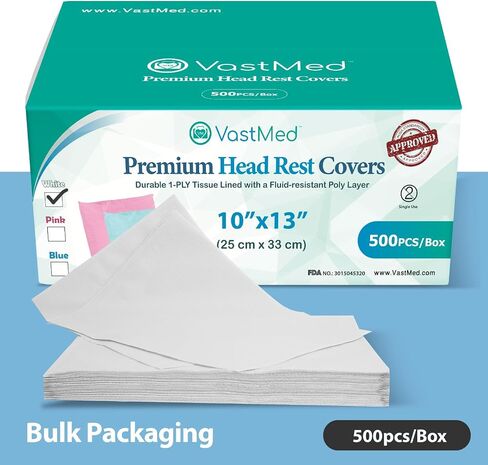 500 PCs Dental Premium White Chair Headrest Cover 10x13 by VASTMED | Disposable Plastic Headrest Sleeves Protector | Professional Waterproof Colored Sleeves for Headrests in Saudi Arabia