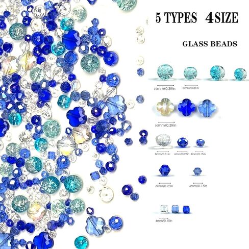 1000Pcs Glass Beads for Jewelry Making Crystal Beads for Bracelet Craft Necklace Earring Making Assorted Color 5 Style/Crackle Round/Briolette Faceted/Bicone/Cube/Four-Leaf Clover / 4 Size in Saudi Arabia