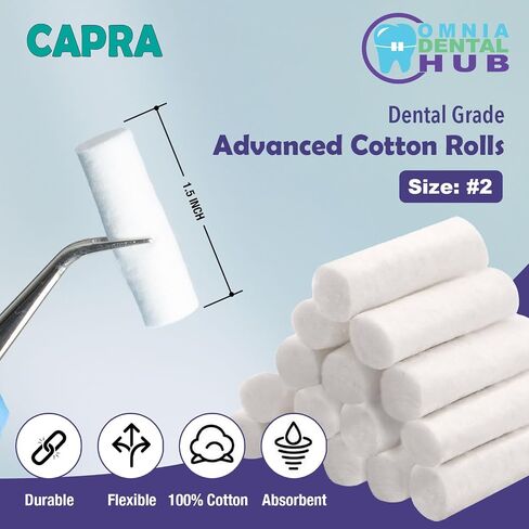 750 PCs Dental Grade Capra Advanced 1.5" Cotton Rolls Size 2 by Omnia ONE | Non-Sterile High Absorbent Cotton Pads for Dentists in Saudi Arabia
