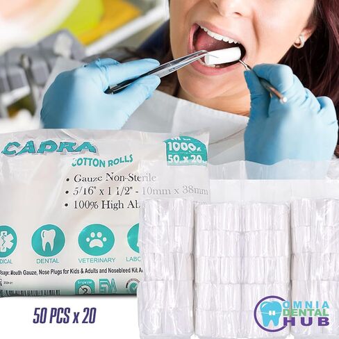 750 PCs Dental Grade Capra Advanced 1.5" Cotton Rolls Size 2 by Omnia ONE | Non-Sterile High Absorbent Cotton Pads for Dentists in Saudi Arabia