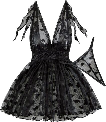 Sexy V Neck Slip Mesh Polka Dots Floral Lace Sheer Exotic Babydoll Lingerie Dress 2 Piece in Saudi Arabia