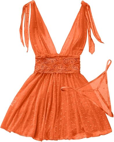 Sexy V Neck Slip Mesh Polka Dots Floral Lace Sheer Exotic Babydoll Lingerie Dress 2 Piece in Saudi Arabia