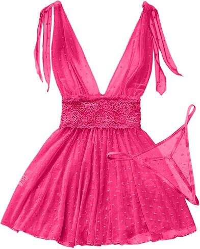 Sexy V Neck Slip Mesh Polka Dots Floral Lace Sheer Exotic Babydoll Lingerie Dress 2 Piece in Saudi Arabia