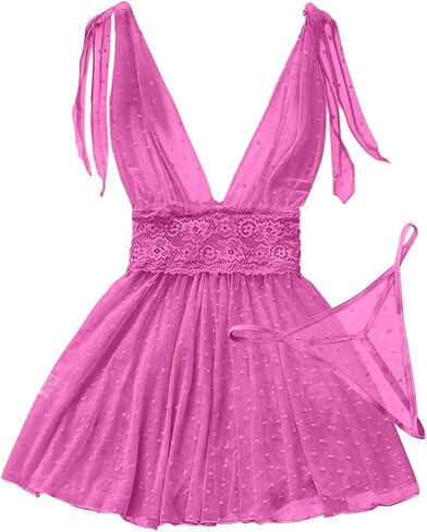 Sexy V Neck Slip Mesh Polka Dots Floral Lace Sheer Exotic Babydoll Lingerie Dress 2 Piece in Saudi Arabia