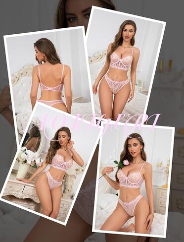 Sexy 2 Piece Lingerie for Women Underwire Eyelash Lace Mesh Matching Bra and Panty Sets Push Up Boned Bralette in Saudi Arabia