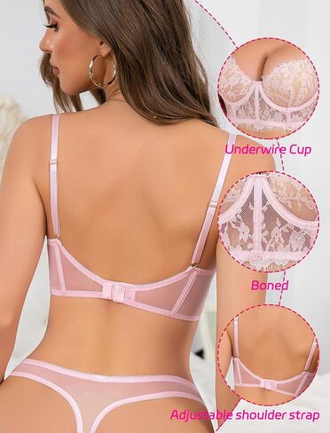 Sexy 2 Piece Lingerie for Women Underwire Eyelash Lace Mesh Matching Bra and Panty Sets Push Up Boned Bralette in Saudi Arabia