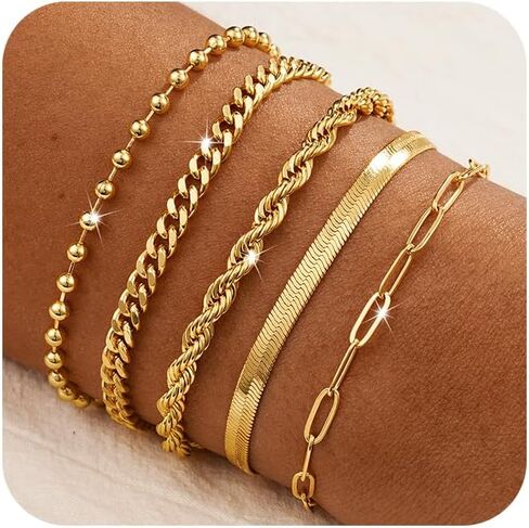 CAROVO Gold Bracelets for Women Waterproof Dainty 14K Gold Plated Stackable Cuban Beaded Link Snake Lip Paperclip Chain Bracelets Fashion Jewelry Gift for Women in Kuwait
