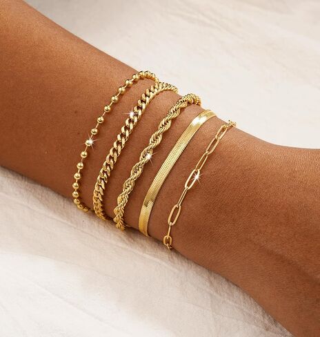 CAROVO Gold Bracelets for Women Waterproof Dainty 14K Gold Plated Stackable Cuban Beaded Link Snake Lip Paperclip Chain Bracelets Fashion Jewelry Gift for Women in Kuwait