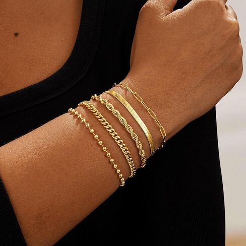 CAROVO Gold Bracelets for Women Waterproof Dainty 14K Gold Plated Stackable Cuban Beaded Link Snake Lip Paperclip Chain Bracelets Fashion Jewelry Gift for Women in Kuwait