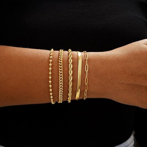 CAROVO Gold Bracelets for Women Waterproof Dainty 14K Gold Plated Stackable Cuban Beaded Link Snake Lip Paperclip Chain Bracelets Fashion Jewelry Gift for Women in Kuwait