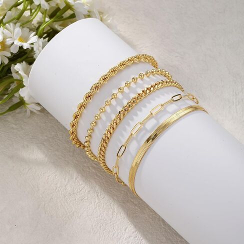 CAROVO Gold Bracelets for Women Waterproof Dainty 14K Gold Plated Stackable Cuban Beaded Link Snake Lip Paperclip Chain Bracelets Fashion Jewelry Gift for Women in Kuwait