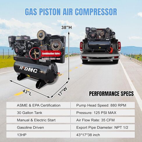 13HP Gas Powered Air Compressor, 3-Cylinder, 30 Gallon Horizontal Tank, Piston Pump Air Compressed System (125 PSI @ 44 CFM) in Kuwait