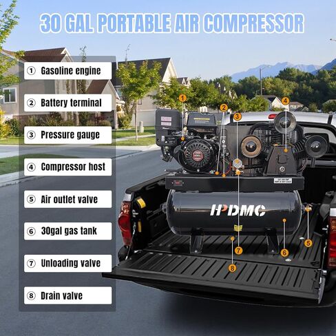 13HP Gas Powered Air Compressor, 3-Cylinder, 30 Gallon Horizontal Tank, Piston Pump Air Compressed System (125 PSI @ 44 CFM) in Kuwait