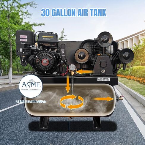 13HP Gas Powered Air Compressor, 3-Cylinder, 30 Gallon Horizontal Tank, Piston Pump Air Compressed System (125 PSI @ 44 CFM) in Kuwait