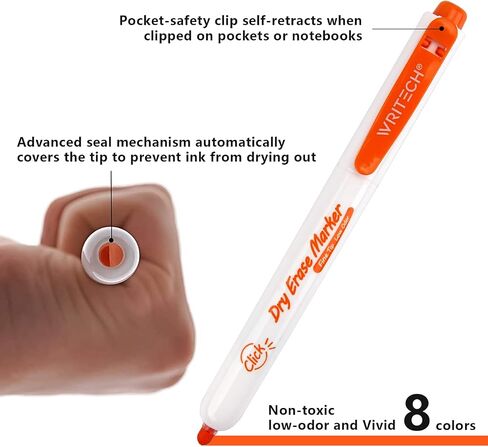 WRITECH Retractable Dry Erase Markers: Fine Point Clickable Colored Ink Marker Low Odor Erasable Thin Tip Refillable Multicolor Whiteboard Marker Pen Set 6ct No Bleed Smear in Saudi Arabia