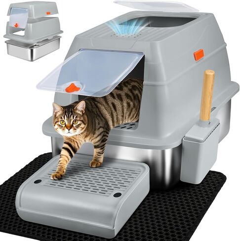 XL Stainless Steel Litter Box, Easy-Clean with Top Exit Design, Odor Control Litter Box with Fully Enclosed Design & Activated Charcoal Space, Trapping Box & Scoop Included (Blue) in Kuwait