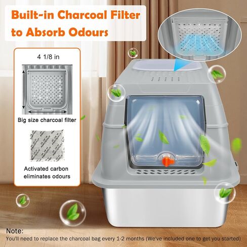 XL Stainless Steel Litter Box, Easy-Clean with Top Exit Design, Odor Control Litter Box with Fully Enclosed Design & Activated Charcoal Space, Trapping Box & Scoop Included (Blue) in Kuwait